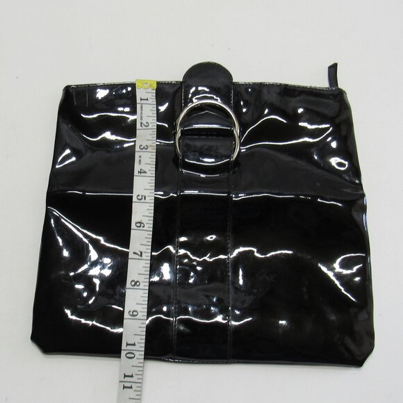 Ladies Hobo Black Faux Patent Leather Fold Over Clutch Handbag Formal Purse - Picture 10 of 11